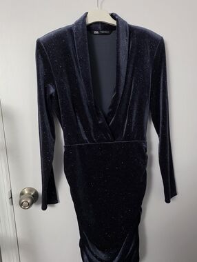 Zara Navy Sparkle Velvet Wrap Dress